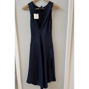 NWT Whyte Valentyne Navy Blue Satin Open Back Tie Neck Midi Dress Womens Size 10